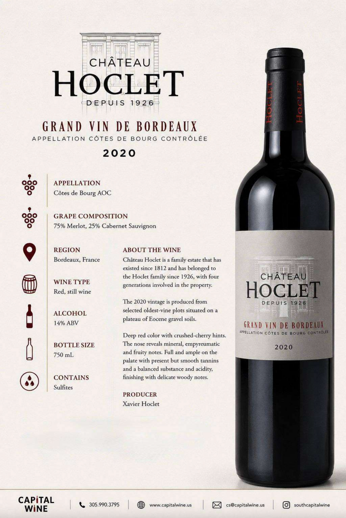 Bordeaux, Chateau Hoclet Cotes De Bourg , Cabernet Merlot 2020 - 750/12