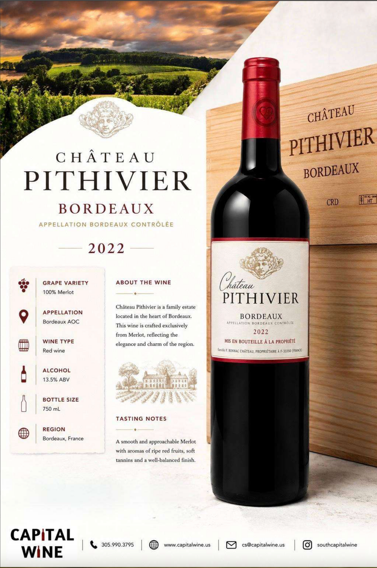 Bordeaux, Chateau Pithivier, 100% Merlot 2022 - 750/12 wood case