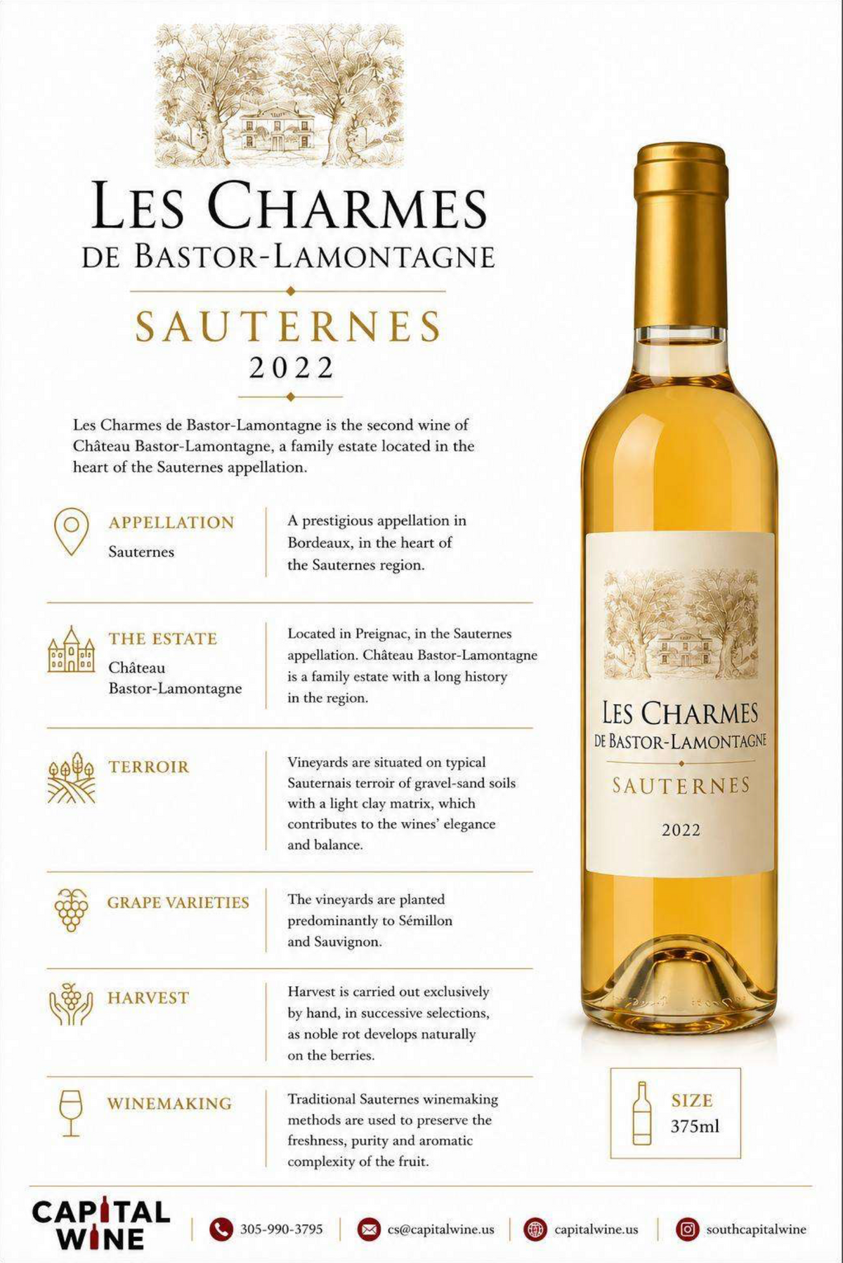 Bordeaux Sauternes,  Les Charmes De Bastor Sauternes, Semilion Sauvignon Blanc, 2023 - 375/12