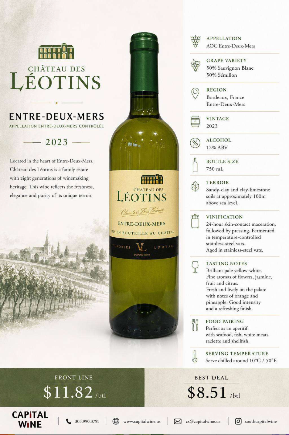 Bordeaux, Chateau Leotins Entre Deux Mers, Sauvignon Blanc, 2023 -750/12