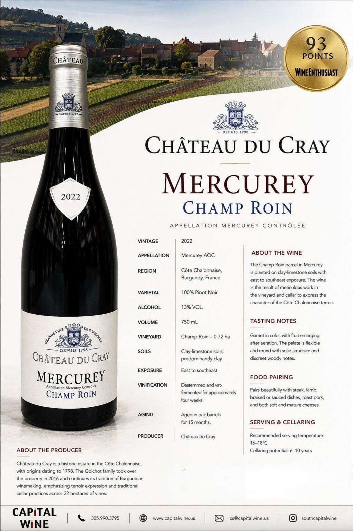 Chateau du Cray, Champ Roin Mercurey red 2022 93pts WE