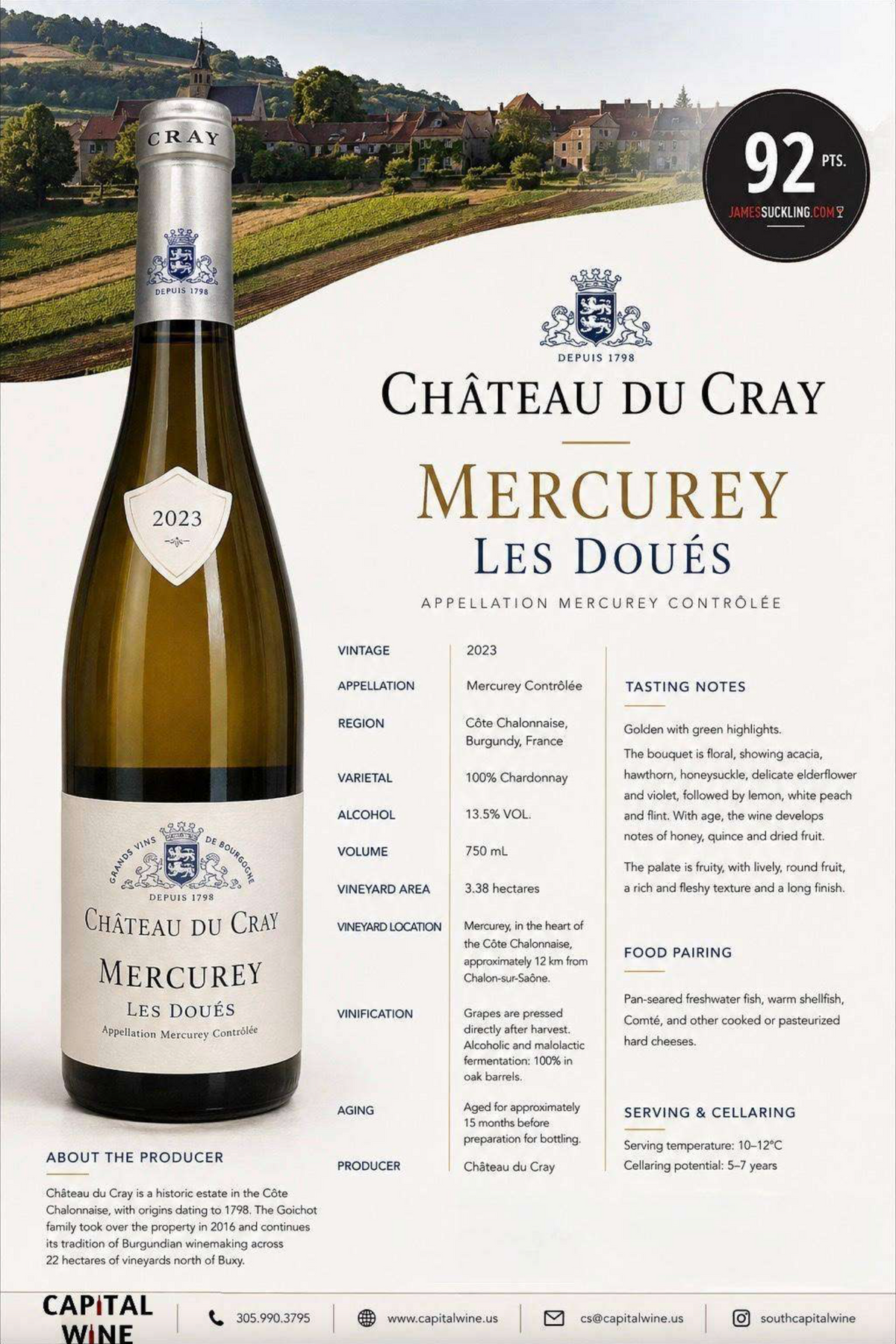 Chateau du Cray Les Doués Mercurey white 2023 92pts JS