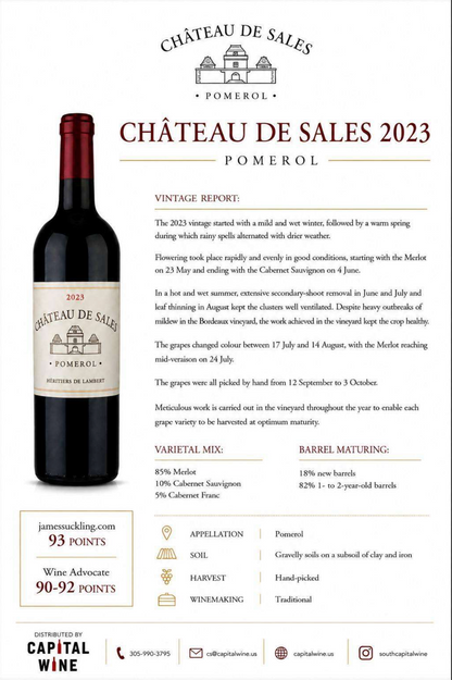 Chateau de Sales Pomerol Bordeaux 2023 93pts JS